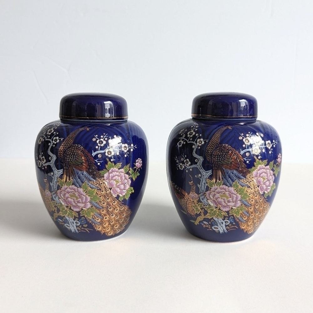 Set/ 2 Vintage Porcelain Cobalt Blue Lidded Ginger Jar Peacock Floral Vase